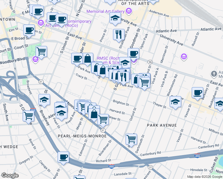 map of restaurants, bars, coffee shops, grocery stores, and more near 206 Park Avenue in Rochester
