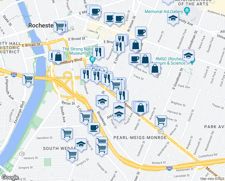 map of restaurants, bars, coffee shops, grocery stores, and more near 120 South Union Street in Rochester
