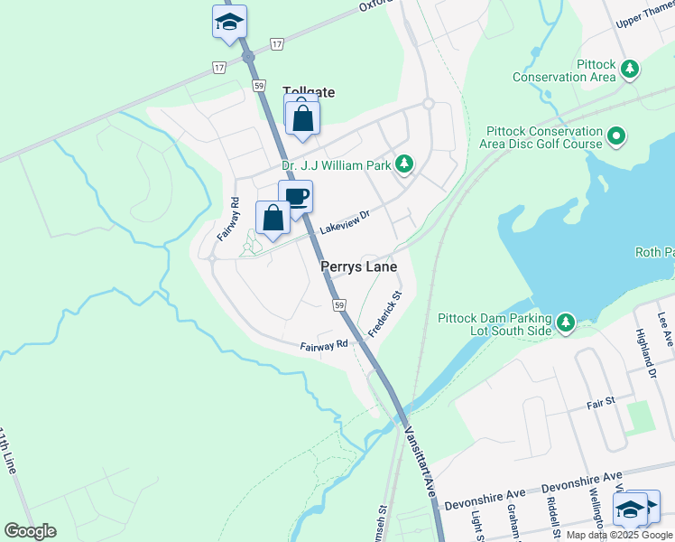 map of restaurants, bars, coffee shops, grocery stores, and more near 595228 Highway 59 in Woodstock
