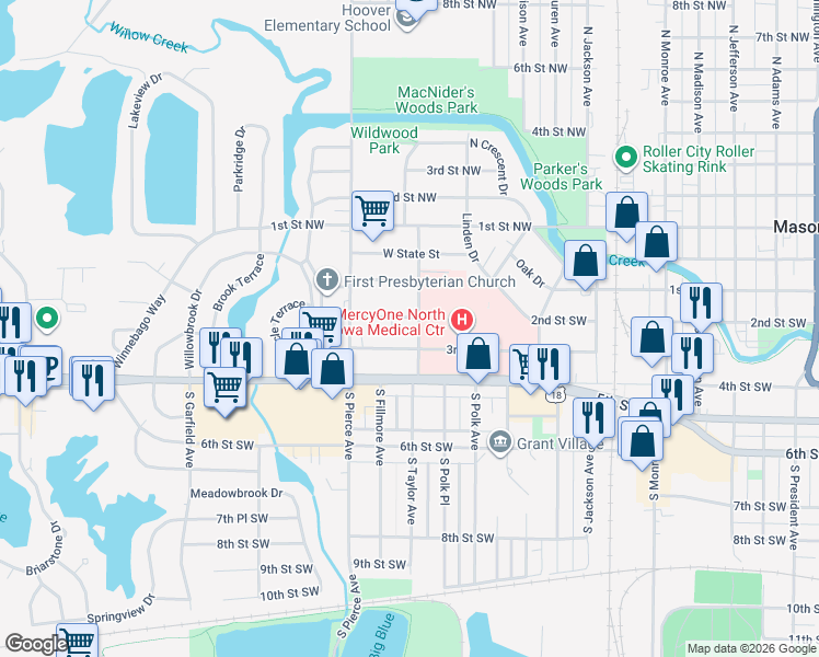 map of restaurants, bars, coffee shops, grocery stores, and more near 1112 2nd St SW in Mason City