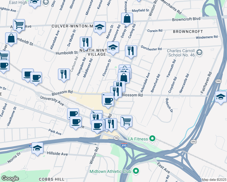 map of restaurants, bars, coffee shops, grocery stores, and more near 650 Blossom Road in Rochester