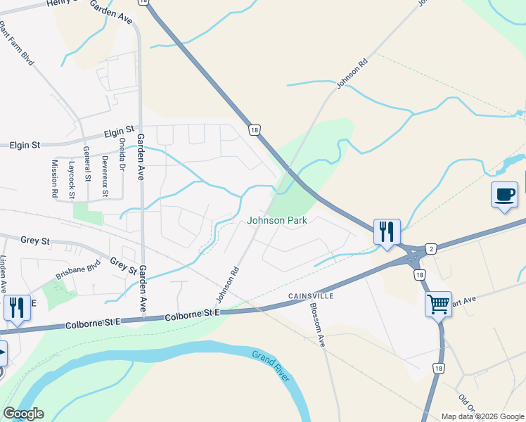 map of restaurants, bars, coffee shops, grocery stores, and more near 74 Johnson Road in Brantford