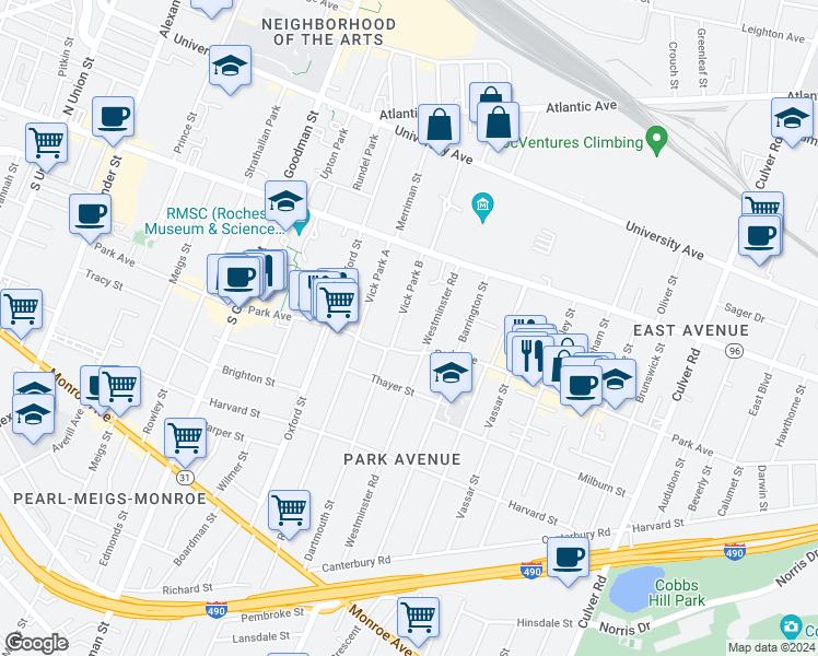 map of restaurants, bars, coffee shops, grocery stores, and more near 39 Vick Park B in Rochester