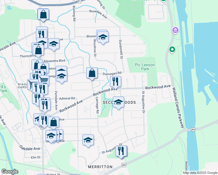 map of restaurants, bars, coffee shops, grocery stores, and more near 87 Rockwood Avenue in St. Catharines