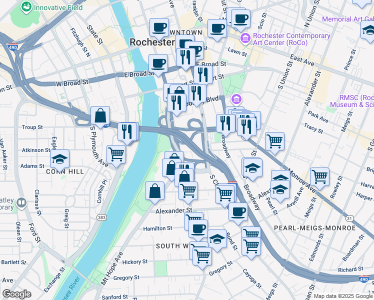 map of restaurants, bars, coffee shops, grocery stores, and more near 10 Griffith Street in Rochester
