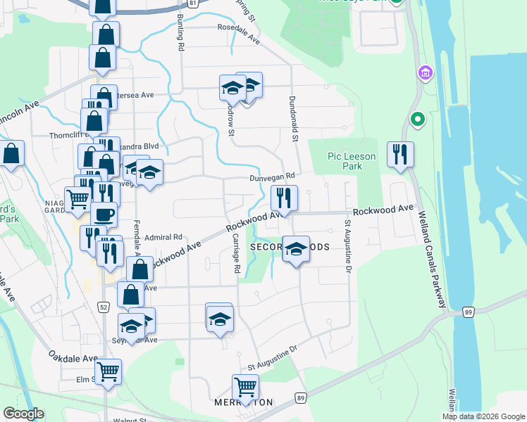 map of restaurants, bars, coffee shops, grocery stores, and more near 87 Rockwood Avenue in St. Catharines