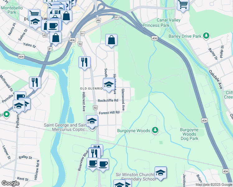 map of restaurants, bars, coffee shops, grocery stores, and more near 121 Highland Avenue in St. Catharines