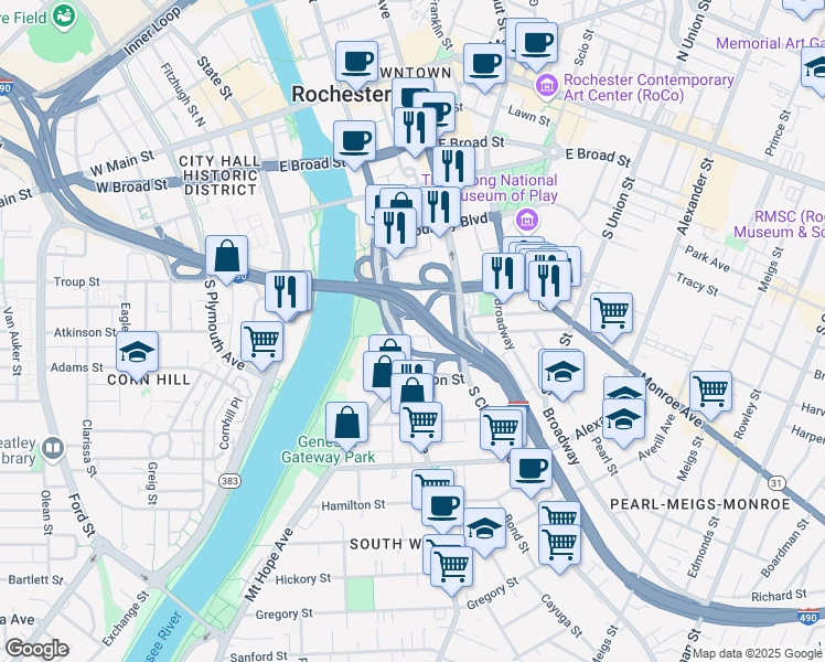 map of restaurants, bars, coffee shops, grocery stores, and more near 10 Griffith Street in Rochester