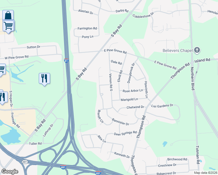 map of restaurants, bars, coffee shops, grocery stores, and more near 7853 Vernon Road South in Cicero