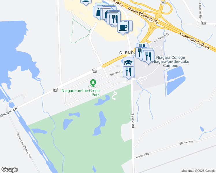 map of restaurants, bars, coffee shops, grocery stores, and more near 413 Wright Crescent in Niagara-on-the-Lake