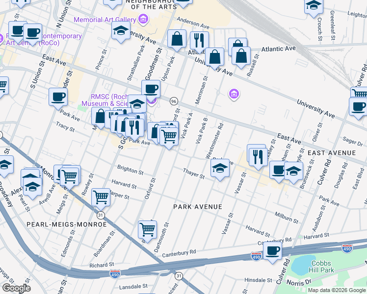 map of restaurants, bars, coffee shops, grocery stores, and more near 33 Vick Park A in Rochester