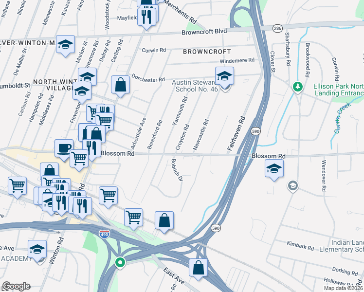 map of restaurants, bars, coffee shops, grocery stores, and more near 57 Croydon Road in Rochester