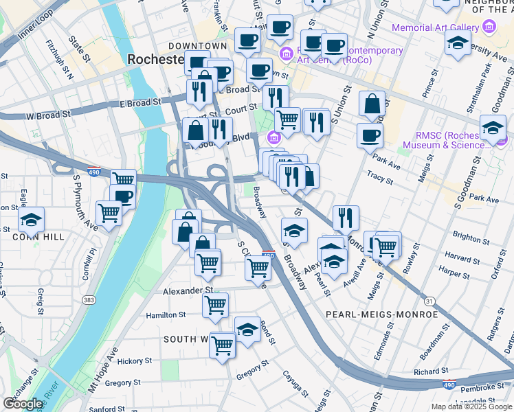 map of restaurants, bars, coffee shops, grocery stores, and more near 308 Broadway in Rochester