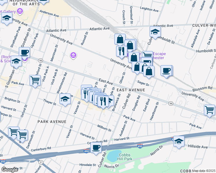 map of restaurants, bars, coffee shops, grocery stores, and more near 1080 East Avenue in Rochester