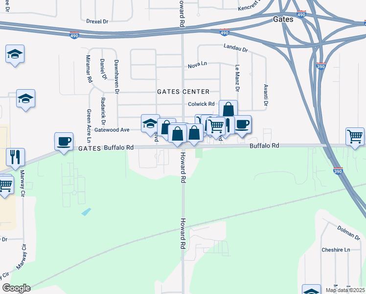 map of restaurants, bars, coffee shops, grocery stores, and more near Buffalo Rd & Howard Rd in Rochester