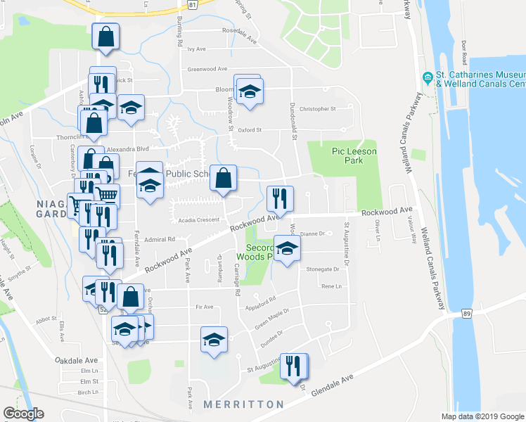 map of restaurants, bars, coffee shops, grocery stores, and more near 87 Rockwood Avenue in St. Catharines