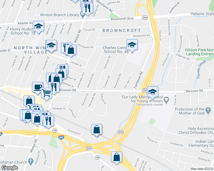map of restaurants, bars, coffee shops, grocery stores, and more near 57 Croydon Road in Rochester