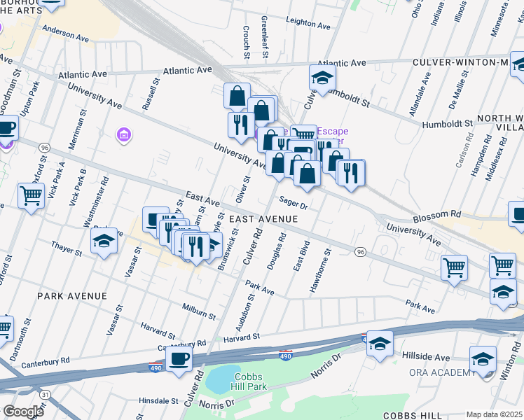 map of restaurants, bars, coffee shops, grocery stores, and more near 32 Oliver Street in Rochester