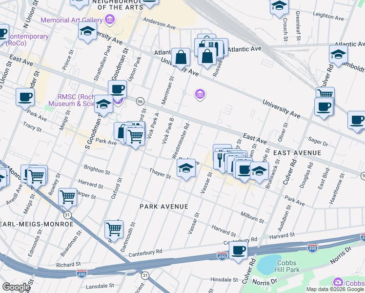 map of restaurants, bars, coffee shops, grocery stores, and more near 50 Westminster Road in Rochester