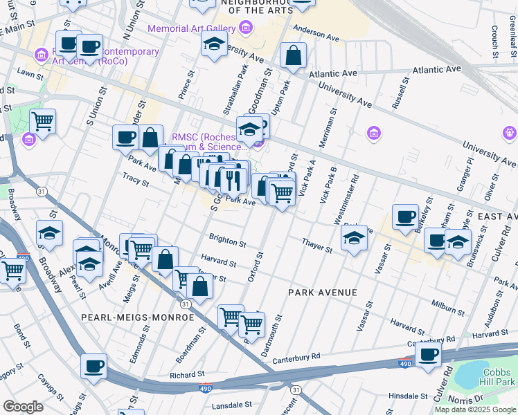 map of restaurants, bars, coffee shops, grocery stores, and more near 308 Park Avenue in Rochester