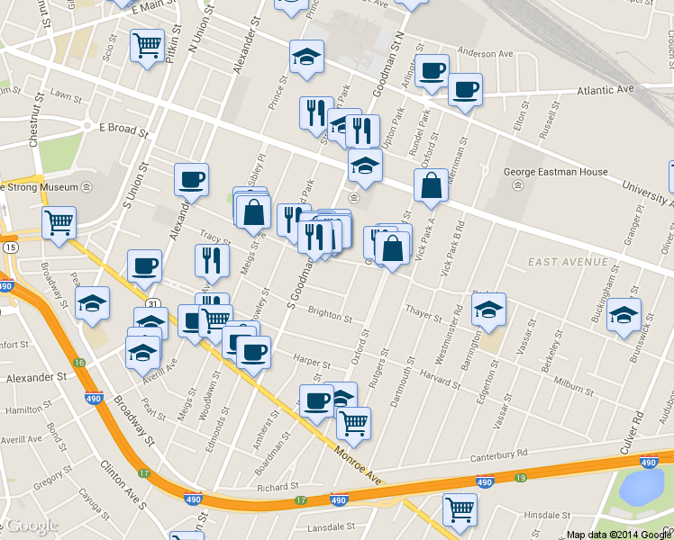 map of restaurants, bars, coffee shops, grocery stores, and more near 254 Park Avenue in Rochester