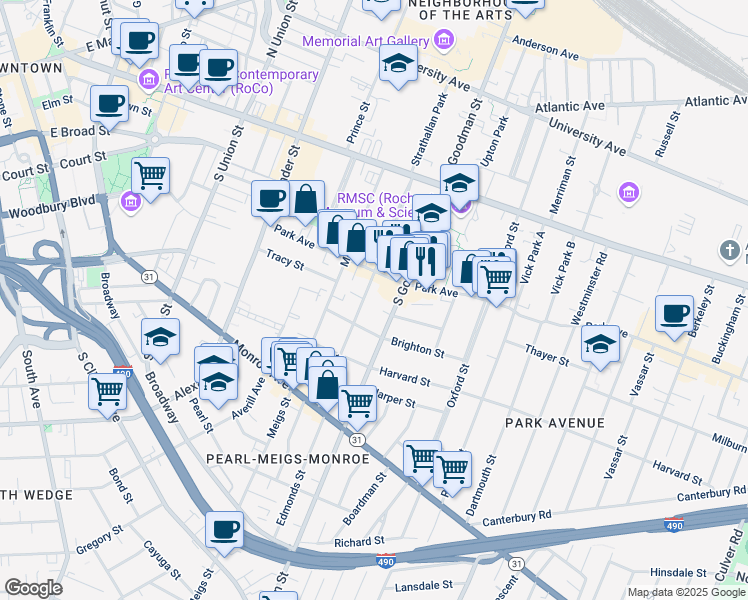 map of restaurants, bars, coffee shops, grocery stores, and more near 206 Park Avenue in Rochester