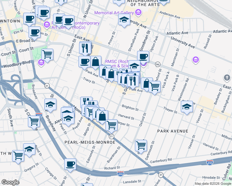 map of restaurants, bars, coffee shops, grocery stores, and more near in Rochester