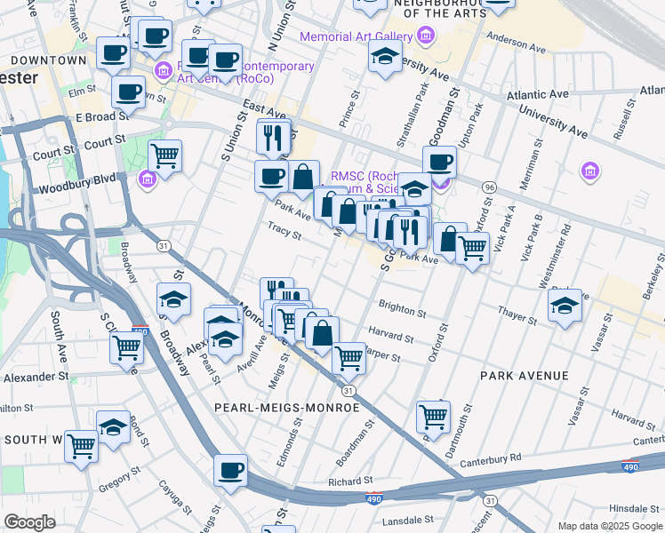 map of restaurants, bars, coffee shops, grocery stores, and more near in Rochester