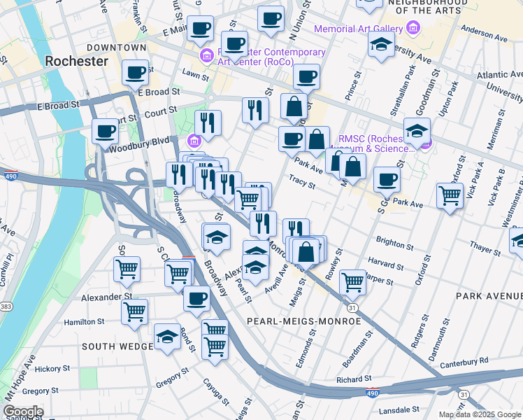 map of restaurants, bars, coffee shops, grocery stores, and more near 59 Priem Street in Rochester