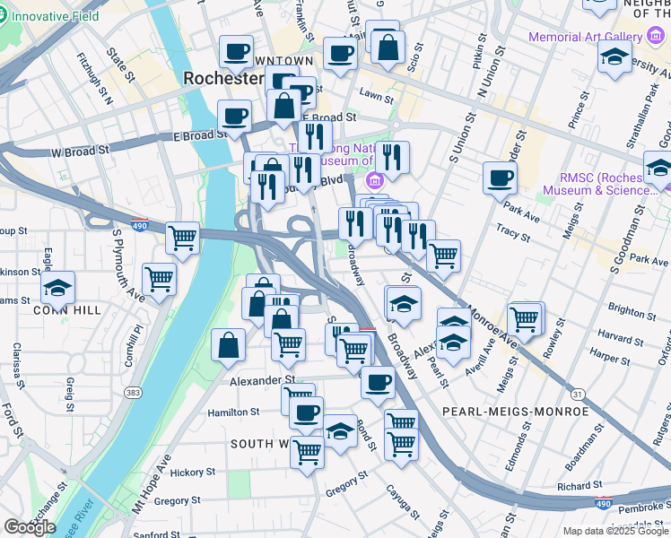 map of restaurants, bars, coffee shops, grocery stores, and more near 40 Marshall Street in Rochester