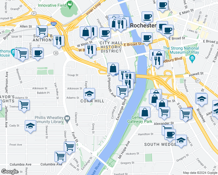 map of restaurants, bars, coffee shops, grocery stores, and more near 225 South Plymouth Avenue in Rochester