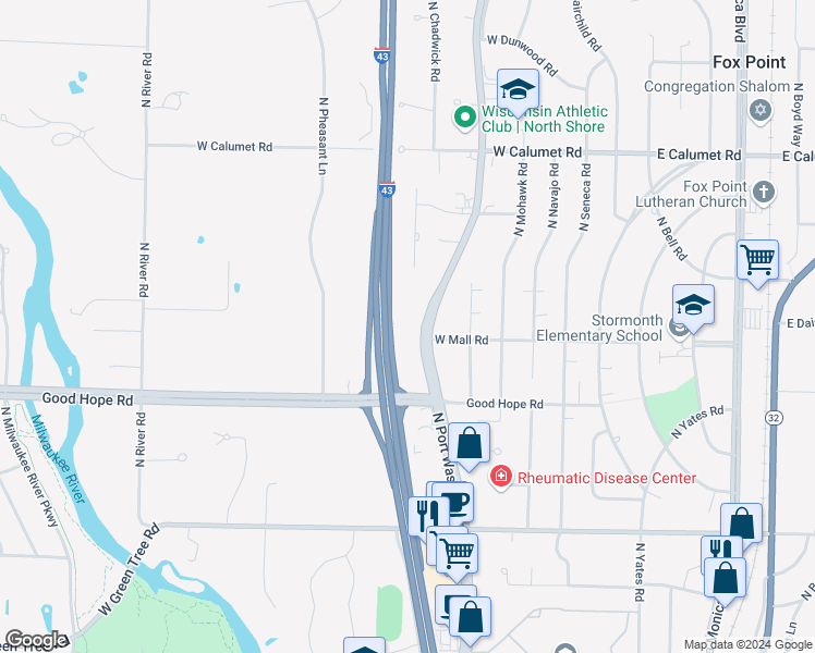map of restaurants, bars, coffee shops, grocery stores, and more near 7325 North Port Washington Road in Glendale