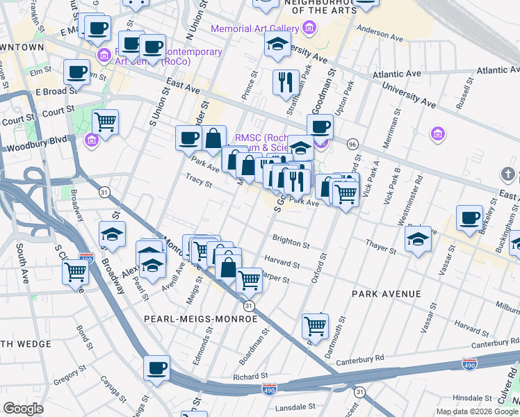 map of restaurants, bars, coffee shops, grocery stores, and more near 206 Park Avenue in Rochester