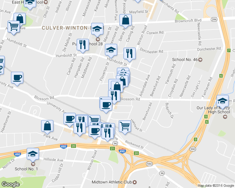 map of restaurants, bars, coffee shops, grocery stores, and more near 233 Winton Rd N in Rochester