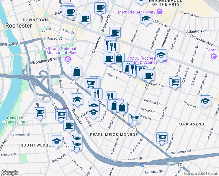 map of restaurants, bars, coffee shops, grocery stores, and more near 224 Alexander Street in Rochester