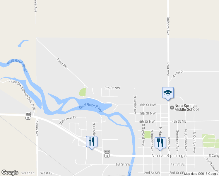map of restaurants, bars, coffee shops, grocery stores, and more near 699 8th Street Northwest in Nora Springs