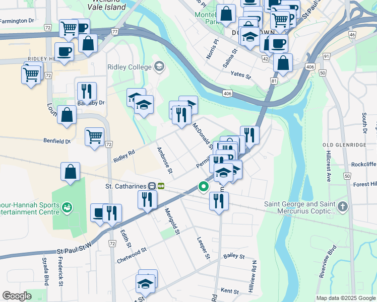 map of restaurants, bars, coffee shops, grocery stores, and more near 14 Rebecca Street in St. Catharines