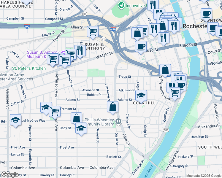 map of restaurants, bars, coffee shops, grocery stores, and more near 150 Van Auker Street in Rochester
