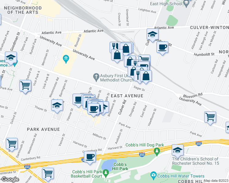 map of restaurants, bars, coffee shops, grocery stores, and more near East Ave & Oliver St in Rochester