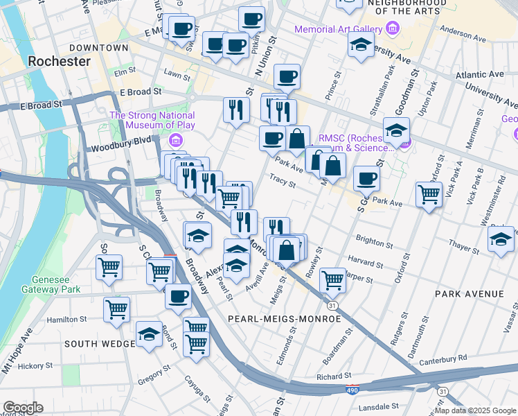 map of restaurants, bars, coffee shops, grocery stores, and more near 224 Alexander Street in Rochester