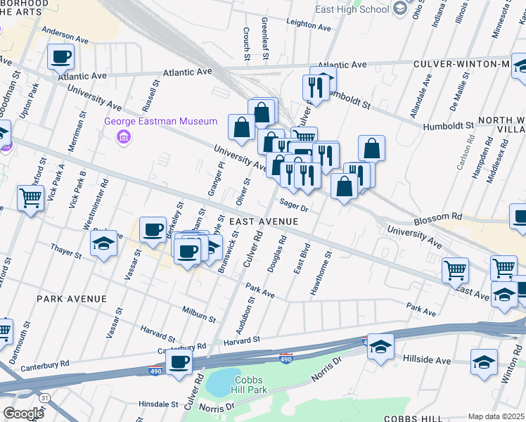 map of restaurants, bars, coffee shops, grocery stores, and more near 1210 East Avenue in Rochester
