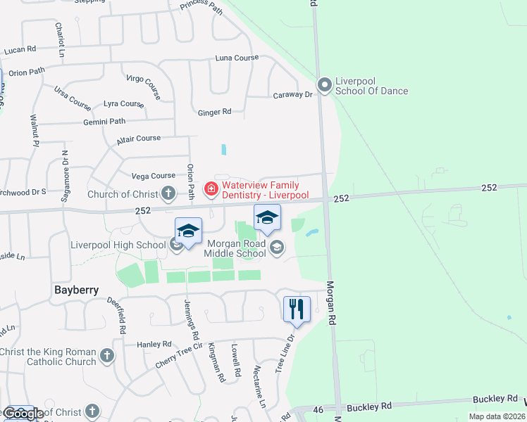 map of restaurants, bars, coffee shops, grocery stores, and more near 4372 Heritage Drive in Onondaga County