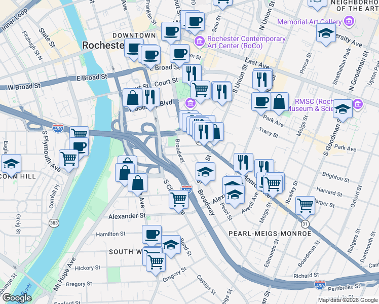 map of restaurants, bars, coffee shops, grocery stores, and more near 72 Marshall Street in Rochester