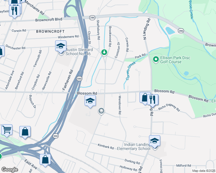 map of restaurants, bars, coffee shops, grocery stores, and more near 941 Corwin Road in Rochester