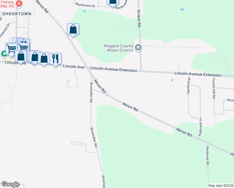 map of restaurants, bars, coffee shops, grocery stores, and more near 7017A B Akron Road in Lockport