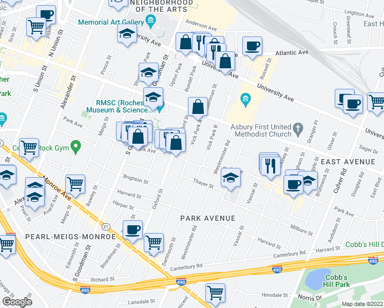 map of restaurants, bars, coffee shops, grocery stores, and more near 33 Vick Park A in Rochester