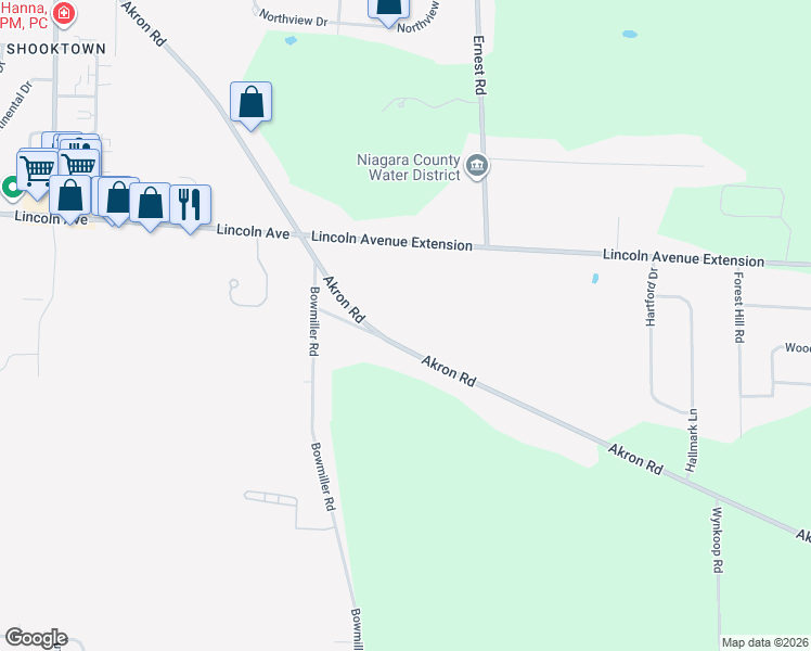 map of restaurants, bars, coffee shops, grocery stores, and more near 7017A B Akron Road in Lockport
