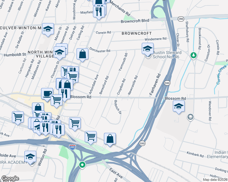 map of restaurants, bars, coffee shops, grocery stores, and more near 249 Yarmouth Road in Rochester