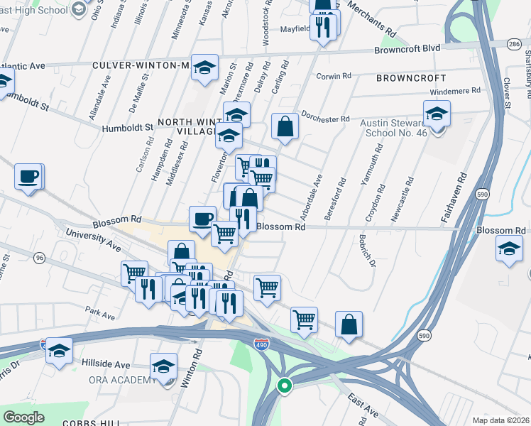 map of restaurants, bars, coffee shops, grocery stores, and more near 23 Balsam Street in Rochester