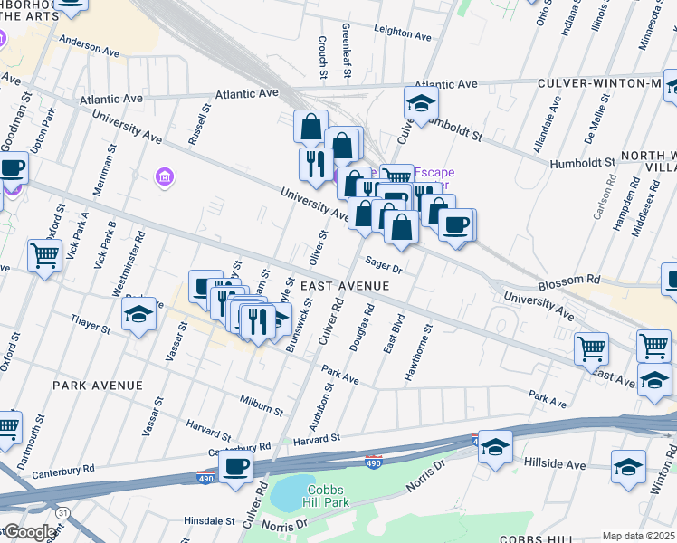 map of restaurants, bars, coffee shops, grocery stores, and more near 32 Oliver Street in Rochester